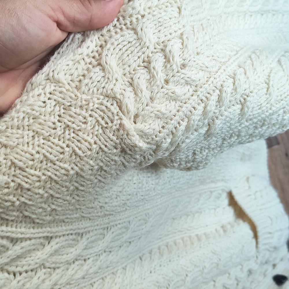 Vintage Carraig Donn 100% Wool Cream Chunky Knit Fisherman Cardigan Sz Large M - Picture 14 of 17